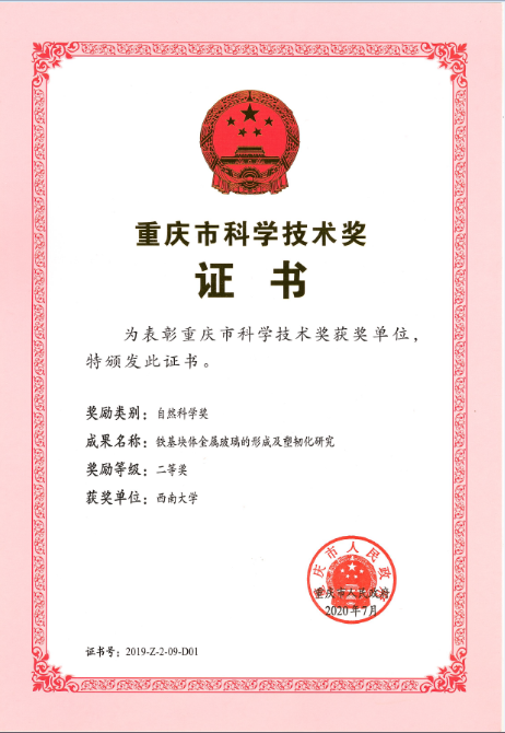 郭胜锋老师获得重庆市自然科学奖二等奖（202007、单位证书）