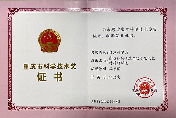 徐茂文老师获得重庆市科学技术奖二等奖（202111、个人证书）